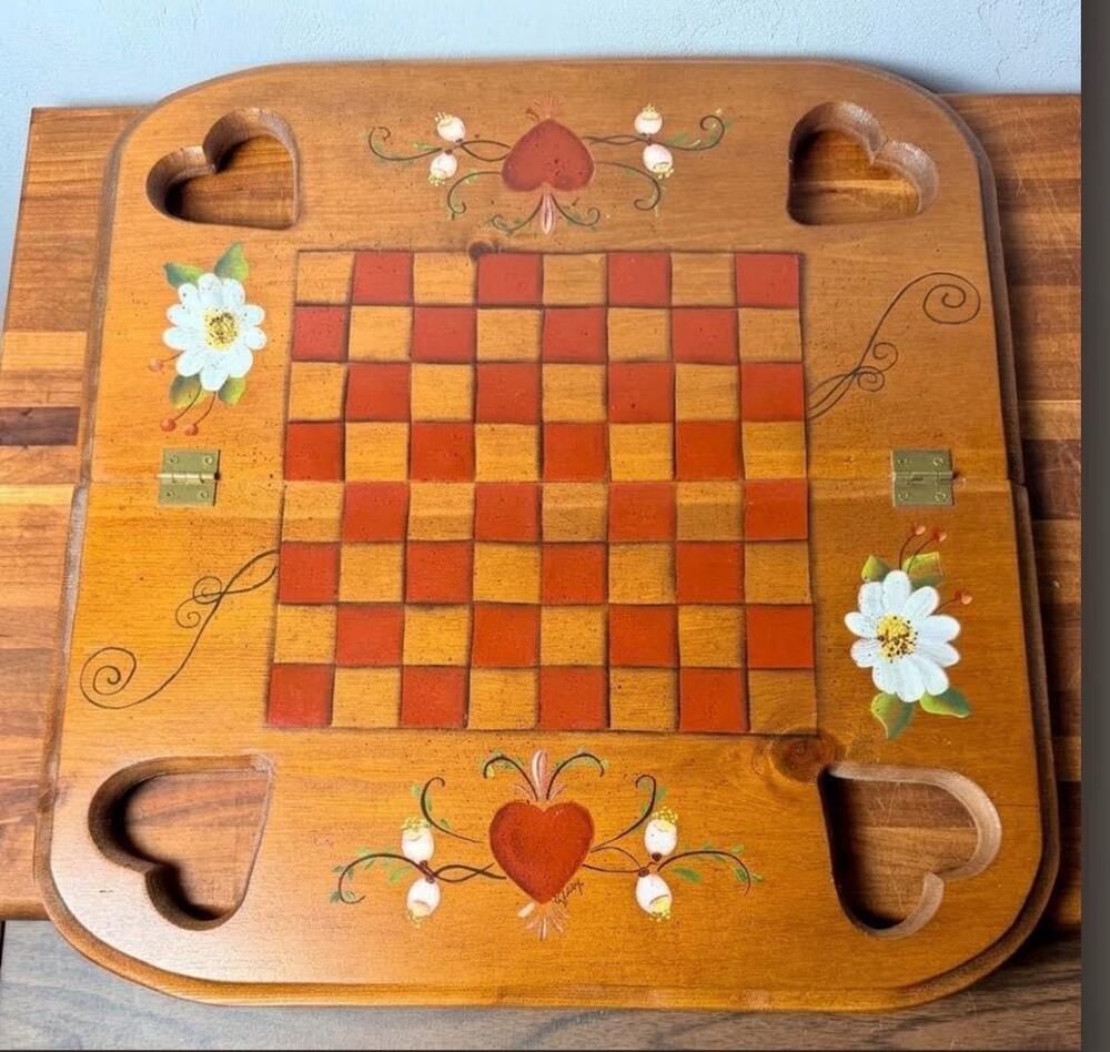 Hand-Painted Wooden Checkerboard: Floral Hearts, Country Folk Art Decor